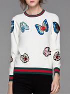 Romwe White Butterfly Sequined Striped Sweater