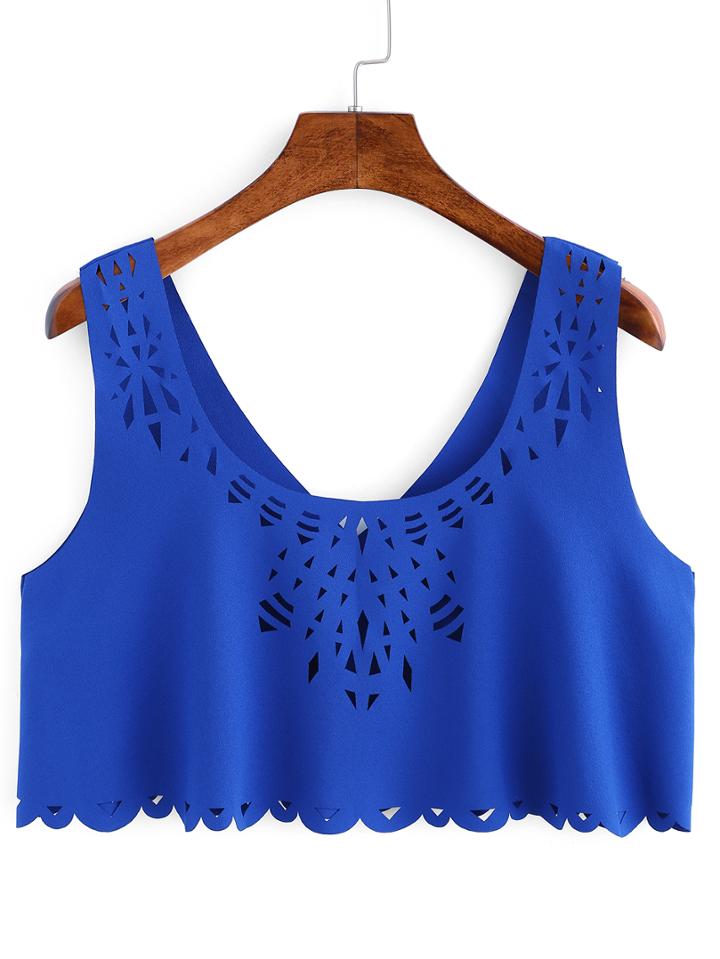 Romwe Laser-cut Crop Tank Top - Royal Blue
