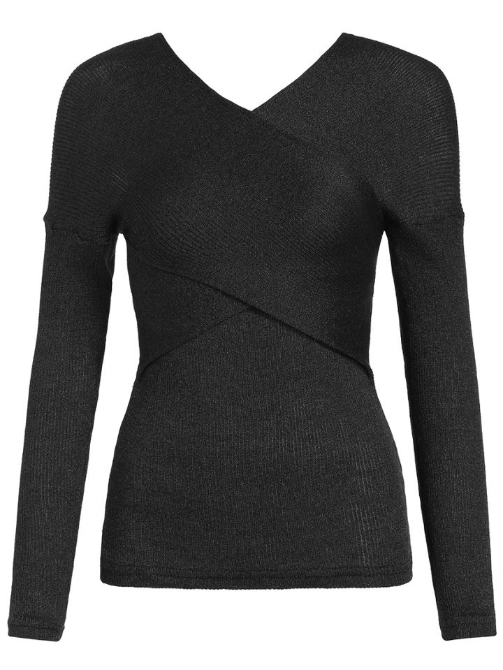 Romwe V Neck Slim Black Sweater