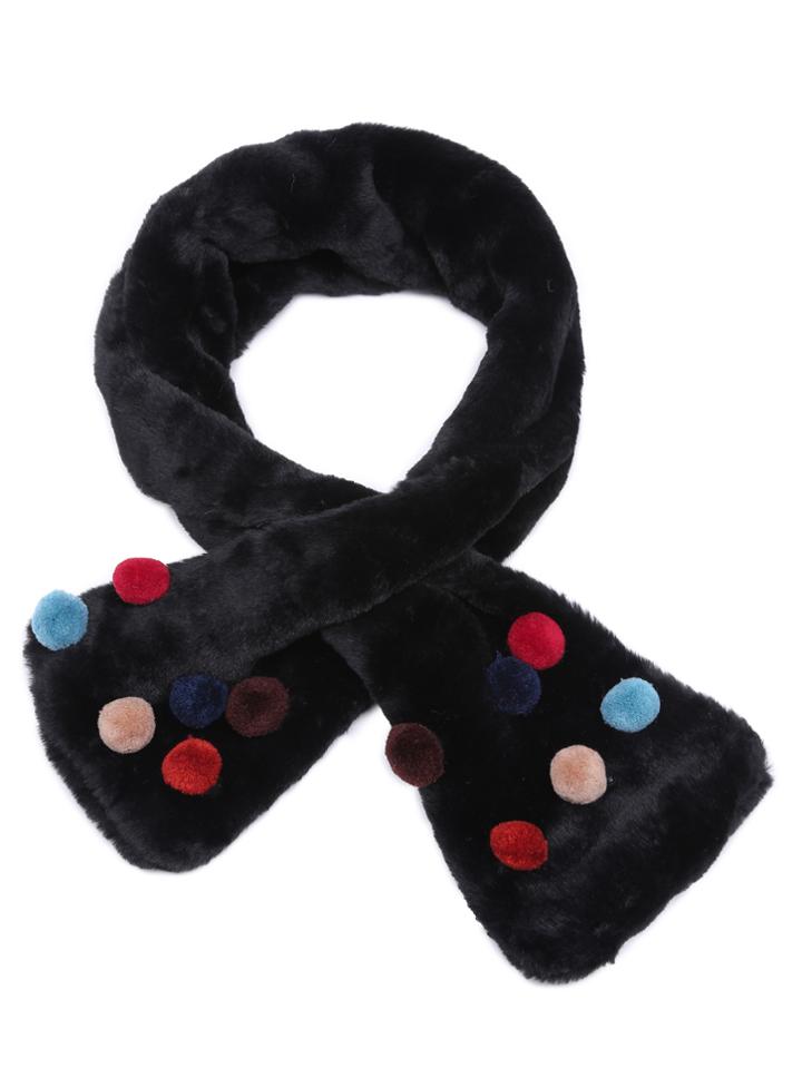 Romwe Black Faux Fur Colored Pom Pom Tippet Scarf