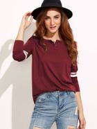 Romwe Button Neck Striped T-shirt