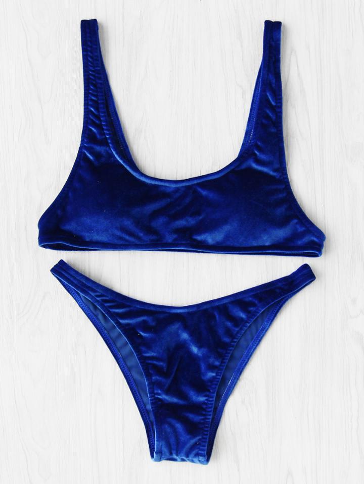 Romwe Scoop Neck High Leg Velvet Bikini Set