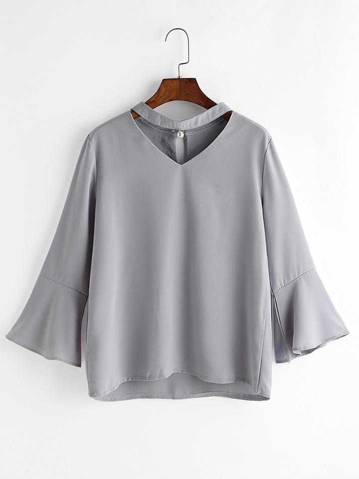 Romwe Choker V-cut Trumpet Sleeve Keyhole Back Blouse