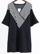 Romwe Black Striped V Neck Long Knitwear