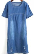 Romwe Short Sleeve Ripped Denim Blue Dress