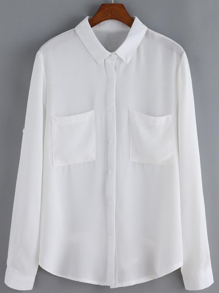 Romwe Lapel Pockets White Blouse