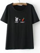 Romwe Black Letters Rabbit Carrot Embroidery Short Sleeve T-shirt