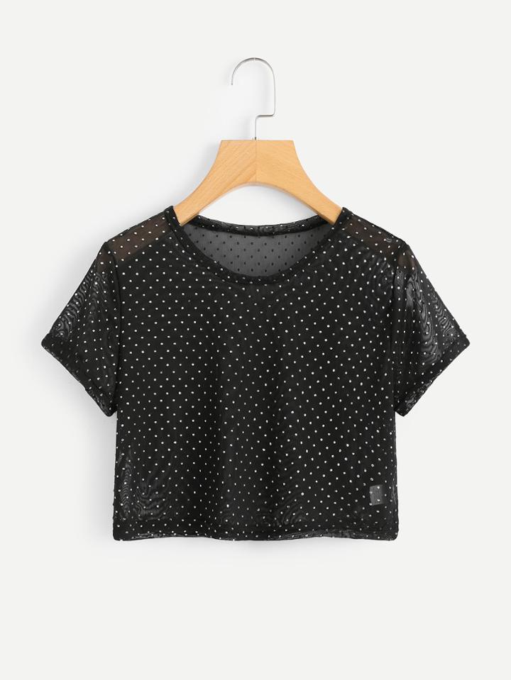 Romwe Polka Dot Sheer Crop Tee