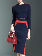 Romwe Navy Color Block Belted Pockets Split Sheath Dress