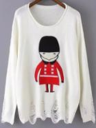 Romwe Cartoon Embroidered Ripped White Sweater