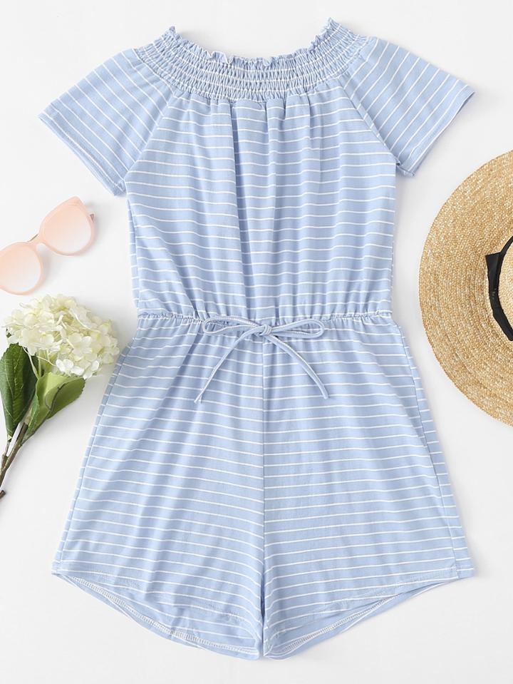 Romwe Off Shoulder Striped Drawstring Romper