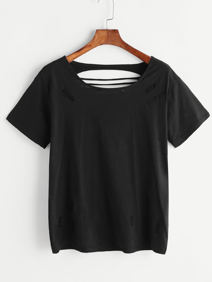 Romwe Black Cut Out Ripped T-shirt
