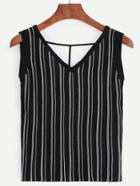 Romwe Black Vertical Striped Double V Neck Top