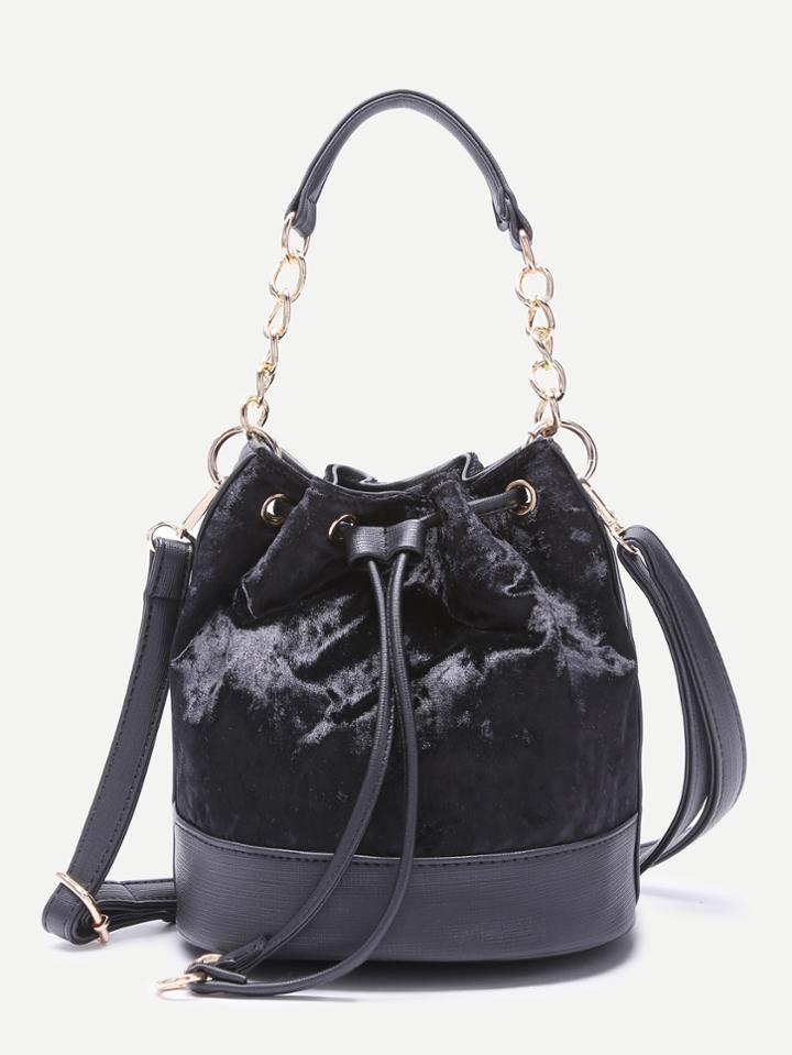 Romwe Black Pu Trim Drawstring Velvet Bucket Bag