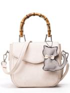 Romwe Bamboo Handle Bag With Cat Bag Charm - Beige