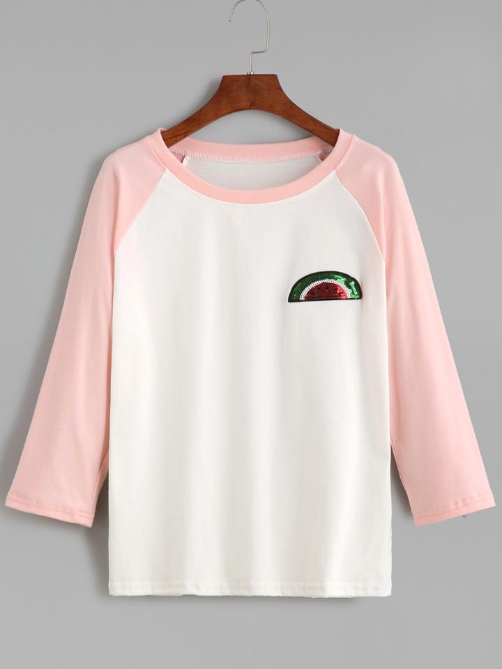 Romwe Contrast Raglan Sleeve Watermelon Sequin Patch T-shirt