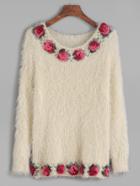 Romwe Beige Crochet Flower Trim Long Sleeve Sweater