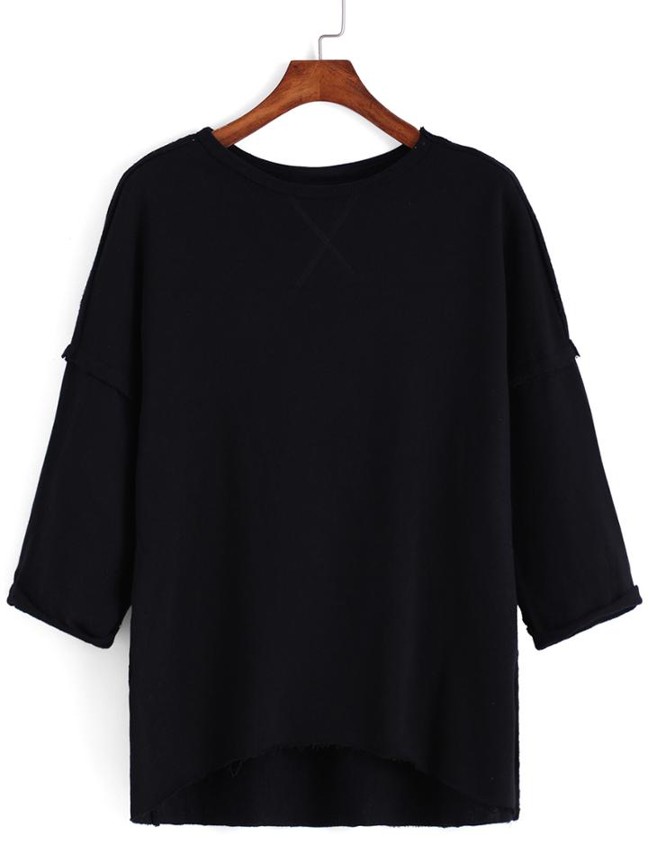 Romwe Dip Hem Half Sleeve Black T-shirt