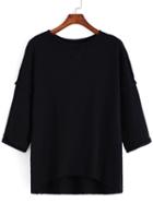 Romwe Dip Hem Half Sleeve Black T-shirt