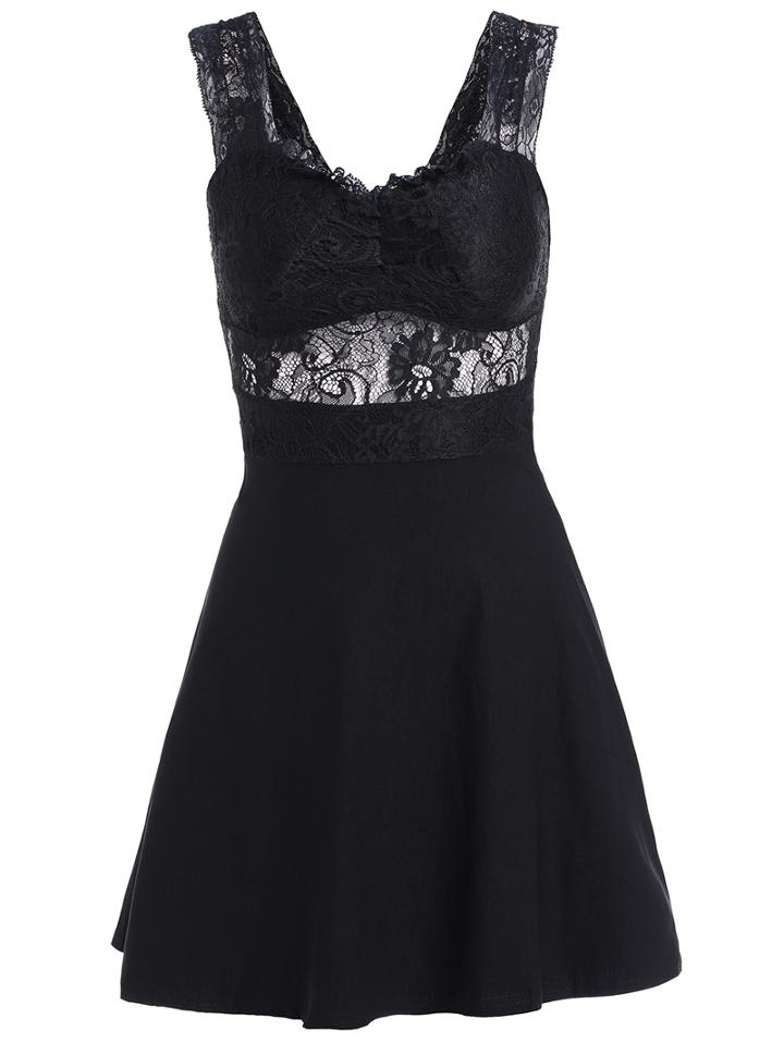 Romwe Lace Insert Hollow Flare Dress