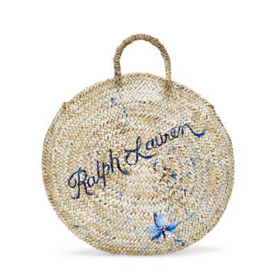 Ralph Lauren Hand-painted Raffia Tote Bag Natural/blue