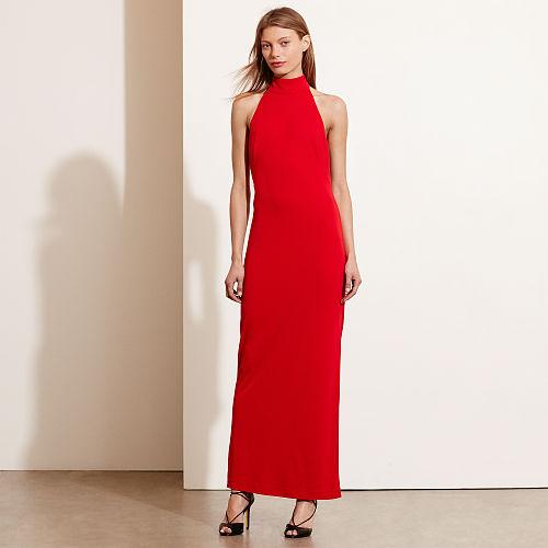 Ralph Lauren Lauren Jersey Mockneck Halter Gown Red