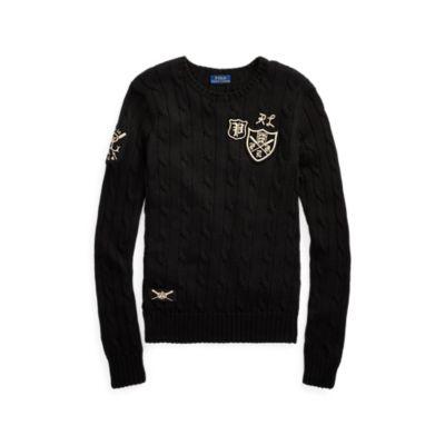 Ralph Lauren Patchwork Cable Cotton Sweater Polo Black