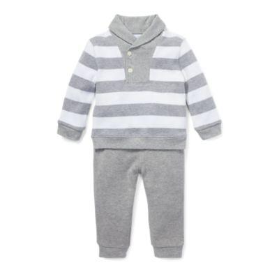Ralph Lauren Striped Cotton Top & Pant Set Light Grey Heather/white 3m