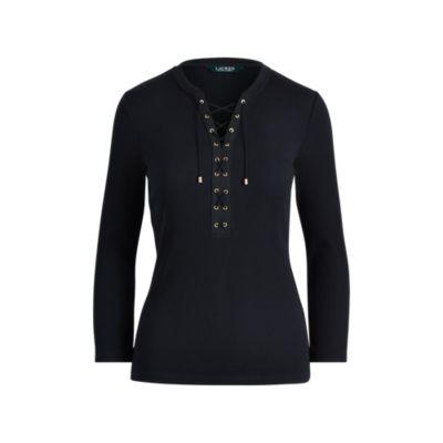 Ralph Lauren Ribbed Cotton Lace-up Top Polo Black