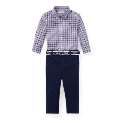 Ralph Lauren Plaid Shirt & Belted Chino Set Blue/red Multi 9m