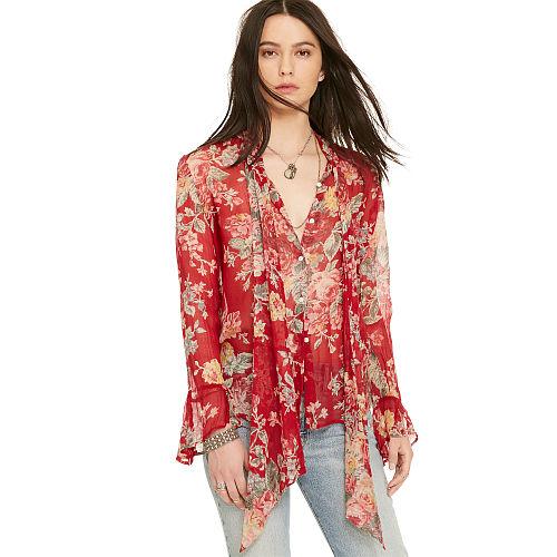 Ralph Lauren Denim & Supply Floral-print Tie-neck Blouse Red Floral