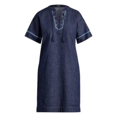 Ralph Lauren Lace-up Denim Shift Dress Spring Blue Wash 6p
