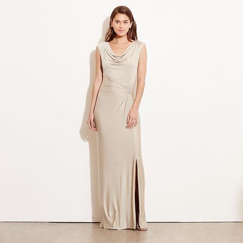 Ralph Lauren Lauren Metallic Brooch Gown Gold