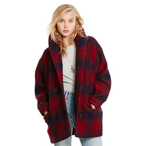 Ralph Lauren Denim & Supply Plaid Wool Shawl Coat Red/navy