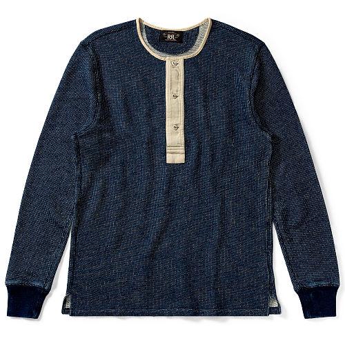 Ralph Lauren Rrl Indigo Cotton Henley Shirt Dark Blue Indigo Greige