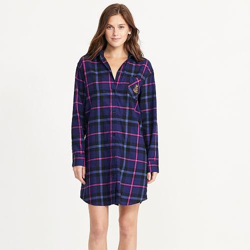 Ralph Lauren Lauren Plaid Cotton Twill Sleep Shirt Plaid Purple/black