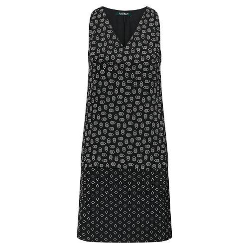 Ralph Lauren Lauren Pattern-blocked Crepe Dress Black/ivory Cream