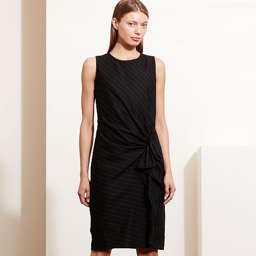Ralph Lauren Lauren Ruffled Pinstriped Wool Dress Black/cream
