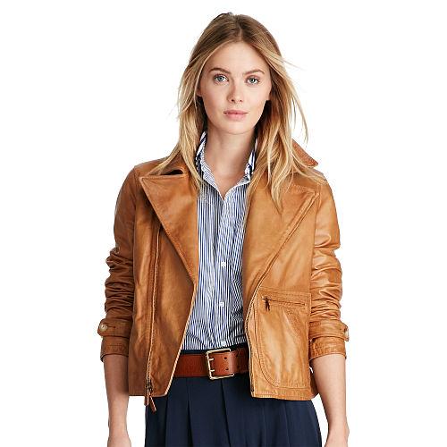 Polo Ralph Lauren Leather Moto Jacket Oakley Tan