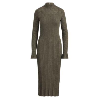 Ralph Lauren Pointelle Wool Sweater Dress Olive Melange