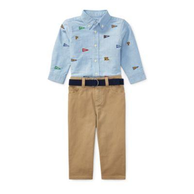 Ralph Lauren Shirt, Belt & Pant Set Bsr Blue/khaki Stone 6m
