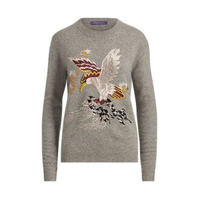 Ralph Lauren Embroidered Cashmere Sweater Medium Grey Melange