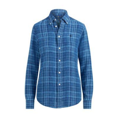 Ralph Lauren Classic Fit Plaid Linen Shirt Blue Plaid
