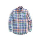 Ralph Lauren Classic Fit Plaid Linen Shirt Pastel Blue/orange Multi