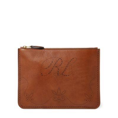 Ralph Lauren Perforated Luxe Calf Pouch Chestnut/green