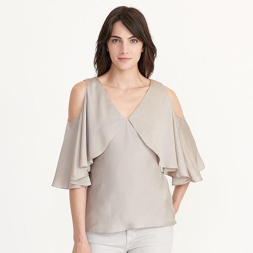 Ralph Lauren Lauren Cutout-shoulder Silk Blouse Putty