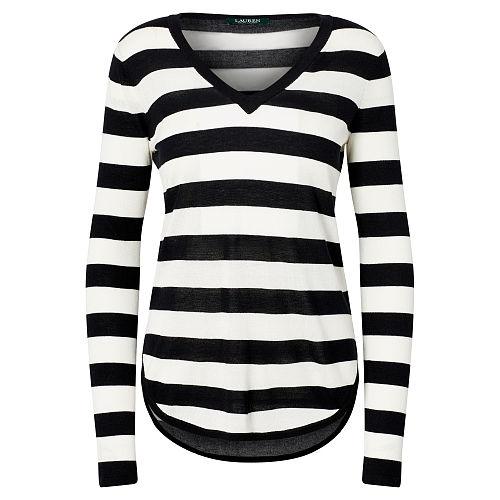 Ralph Lauren Lauren Petite Striped Silk-blend Sweater Polo Black/herbal Milk
