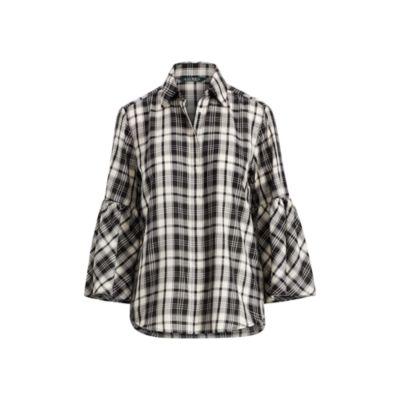 Ralph Lauren Plaid Bell-sleeve Cotton Shirt Black Multi Sp