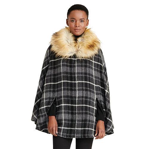 Ralph Lauren Lauren Faux-fur Collar Plaid Poncho Black Tonal Plaid