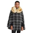 Ralph Lauren Lauren Faux-fur Collar Plaid Poncho Black Tonal Plaid